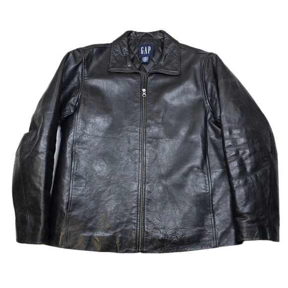 GAP Leather Jacket Mens Medium Black Zip Quilted Lined Insulated Thick Vintage - Picture 1 of 12